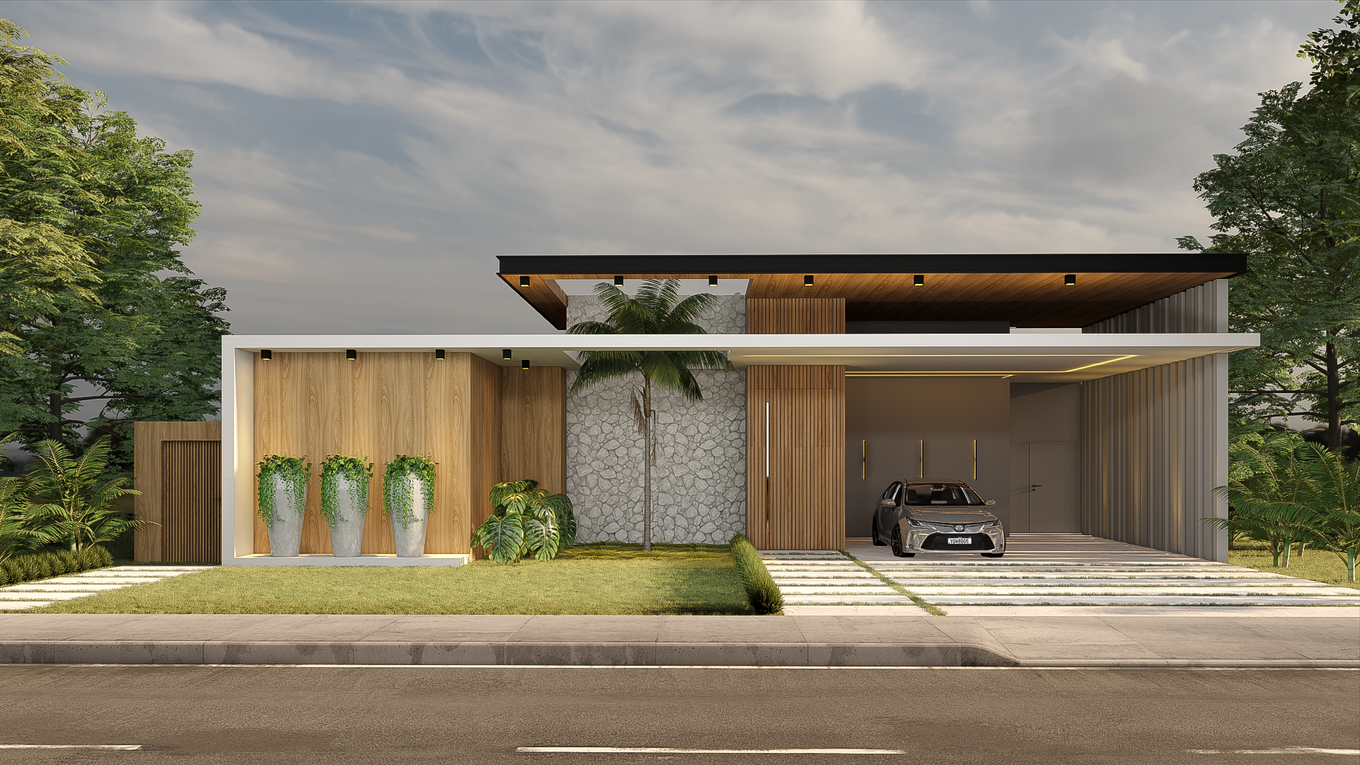 Residência contemporânea de alto padrão — fachada com madeira e pedra